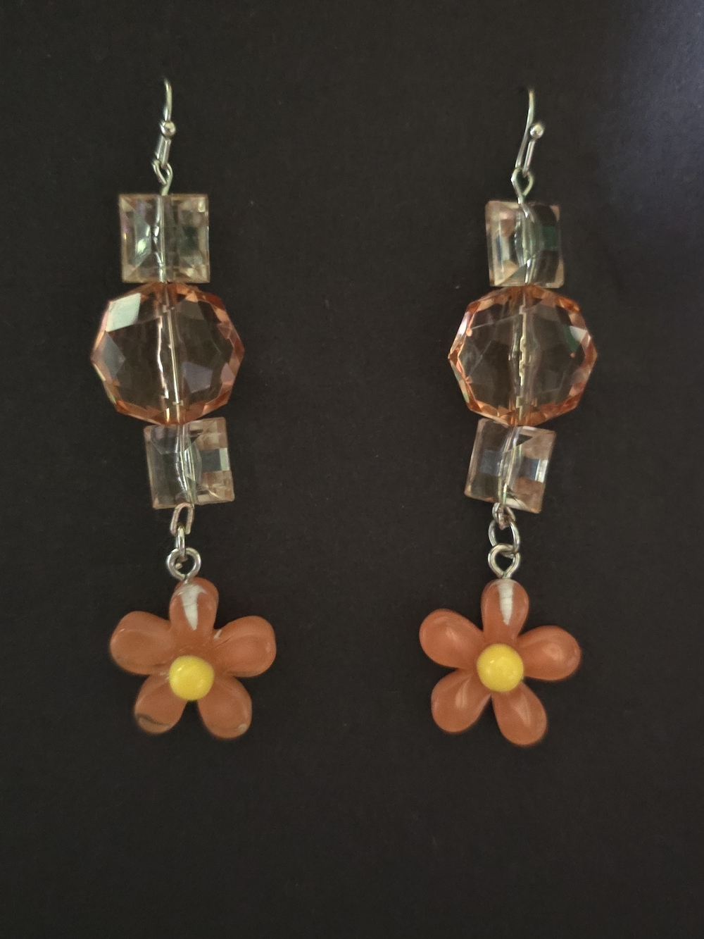 Orange Flower Drop Earrings with Faceted Beads
